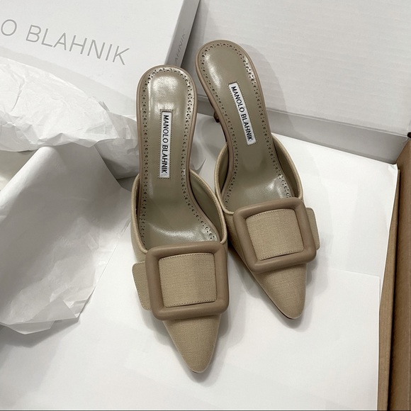 Manolo Blahnik Maysale Linen Mules Tan 70mm 37 - Picture 4 of 14